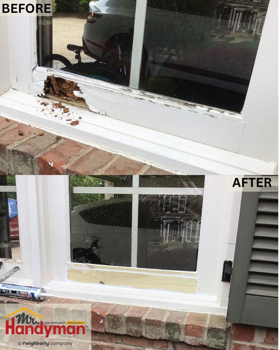 Before-and-after window frame wood rot repair by Mr. Handyman in Dallas – expert window repair and replacement services in Dallas, Plano, Rockwall, and Southwest Dallas County.