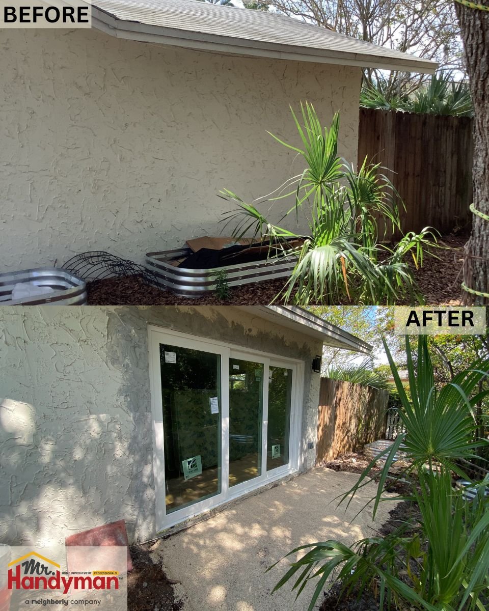 Before-and-after sliding glass door installation by Mr. Handyman in Tampa Bay – professional door repair and replacement services in Citrus Park, Palm Harbor, Clearwater, Largo, and surrounding areas.