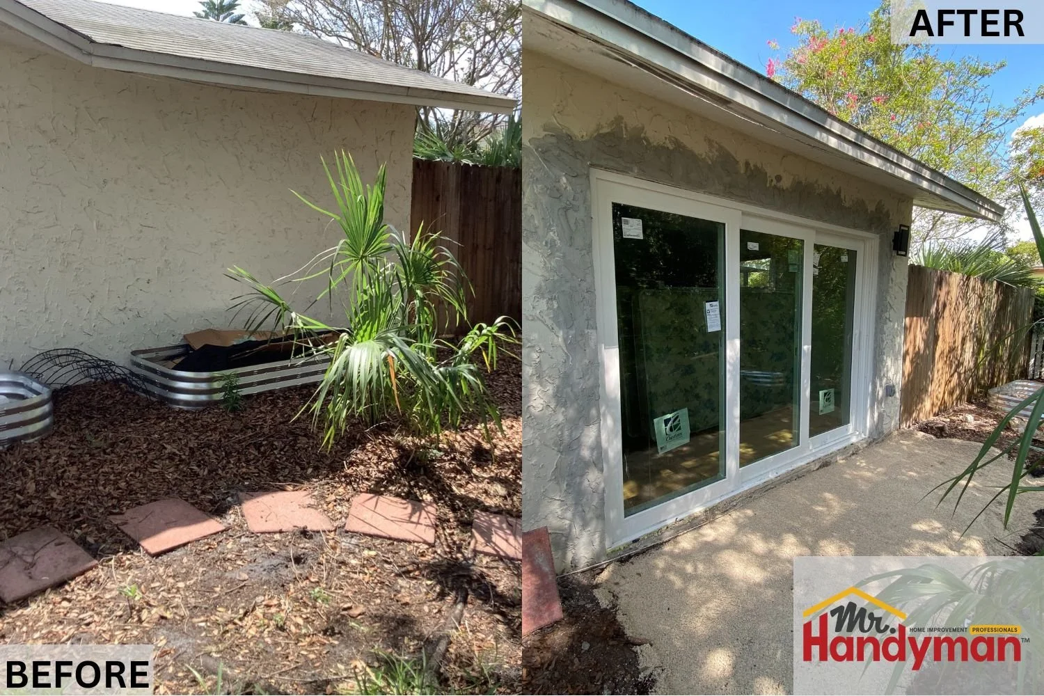Before and after of new exterior sliding glass door installation by Mr. Handyman of Tampa Clearwater, showing transformation from blank stucco wall to finished door with stucco repair and new patio.