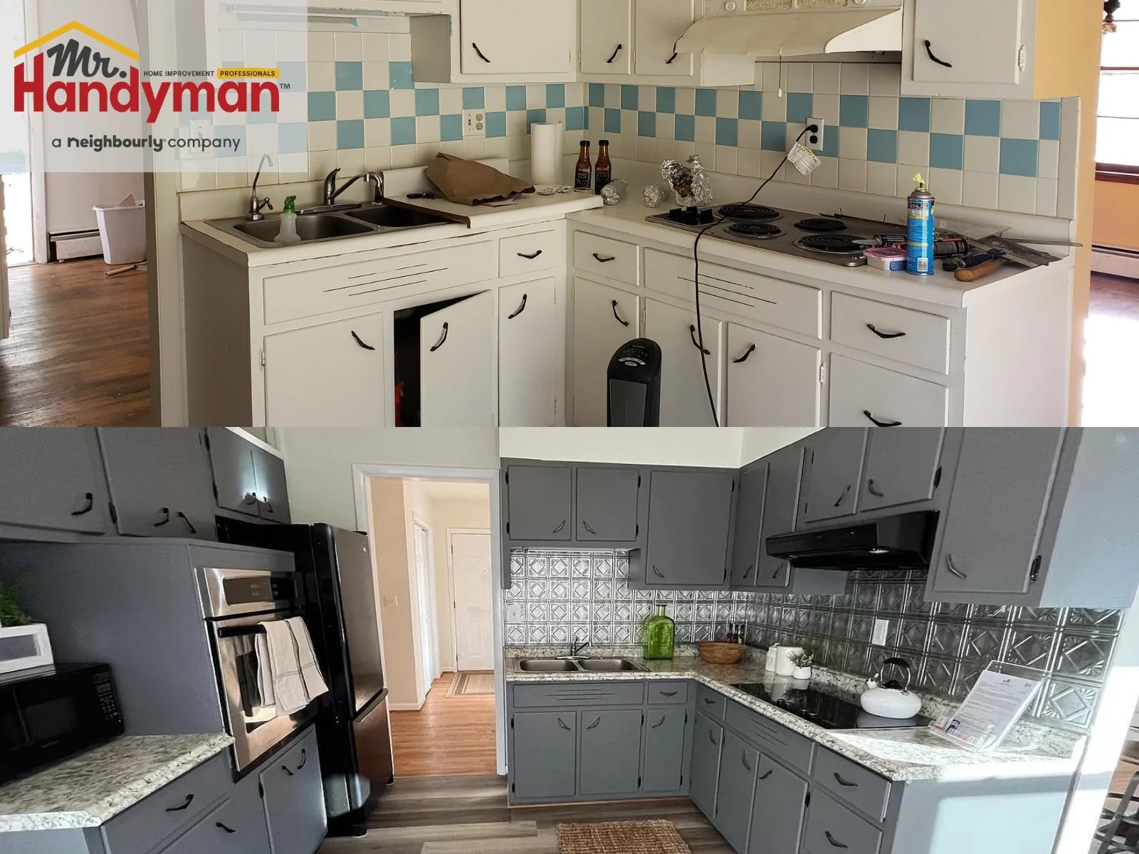 Kitchen remodel before and after transformation by Mr. Handyman of Tampa and Clearwater, with upgraded cabinets, countertops, and backsplash.