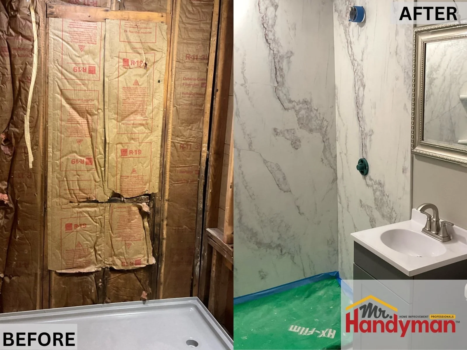 Bathroom Wallboard & Vanity Install – From exposed insulation to a clean, finished bathroom with faux-marble panels and a new vanity.