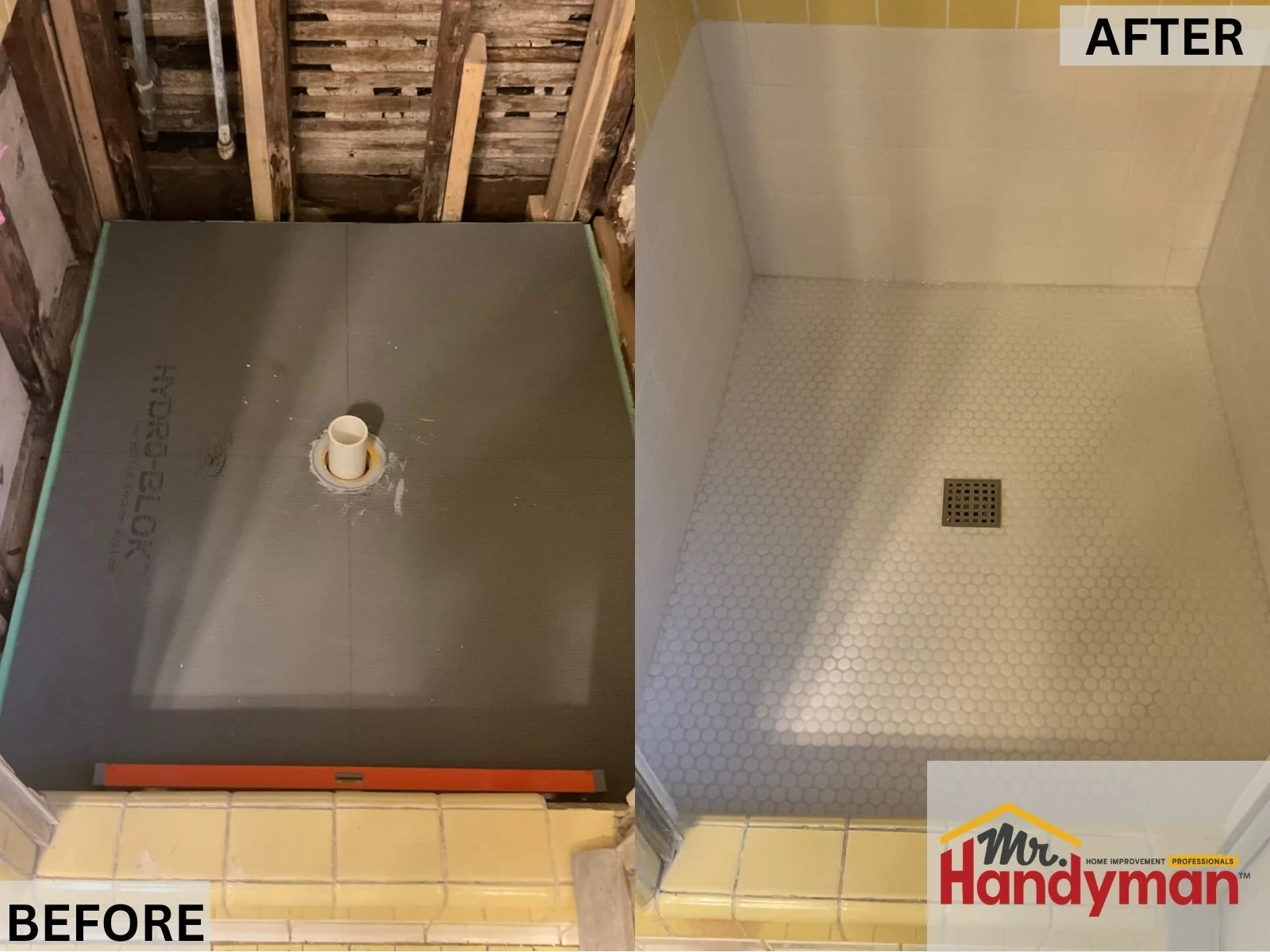 Walk-In Shower Upgrade – Before and after showing a tiled walk-in shower installation from bare framing to finished tile.