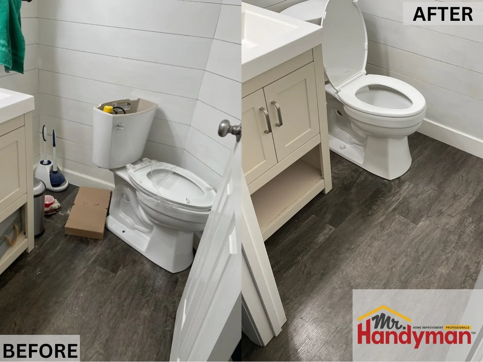 Toilet Replacement – Before and after of a clean new toilet installation with updated flooring and a modern vanity.


