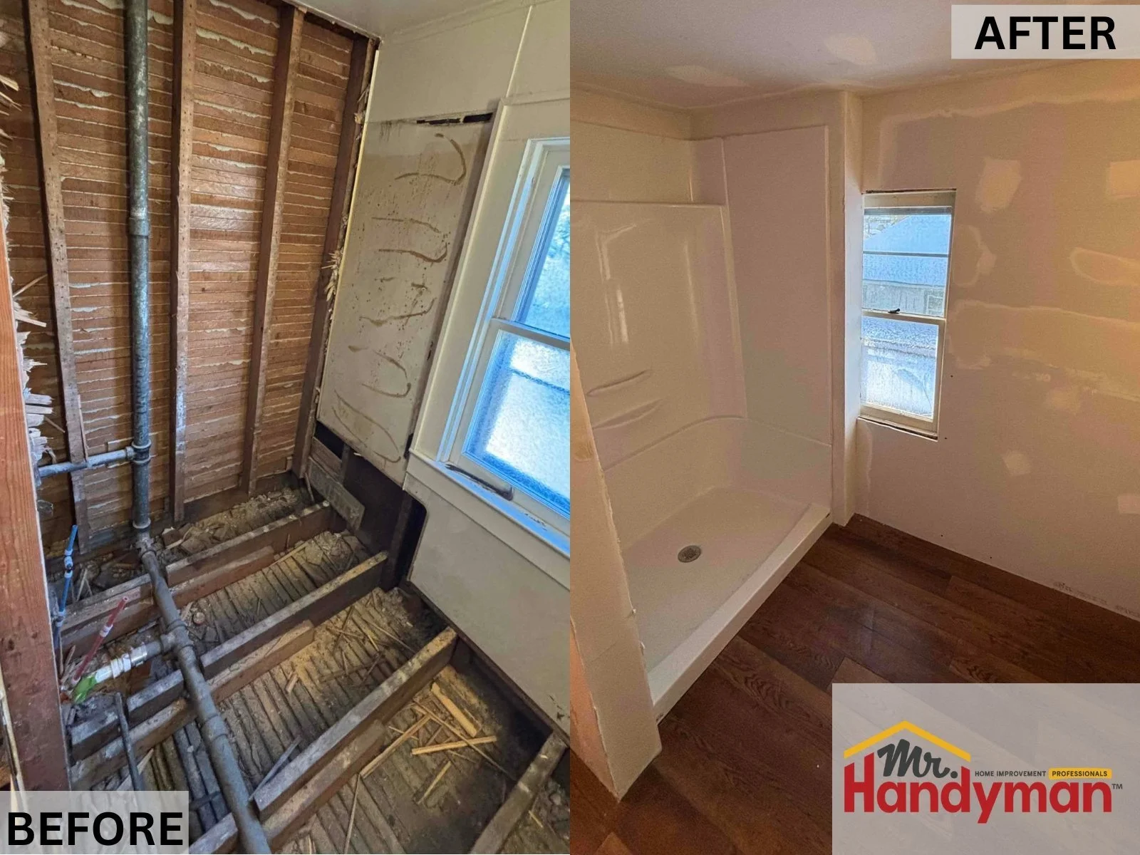 Bathroom Renovation – Full transformation from open framing to a finished bathroom with new tub surround and wallboard.