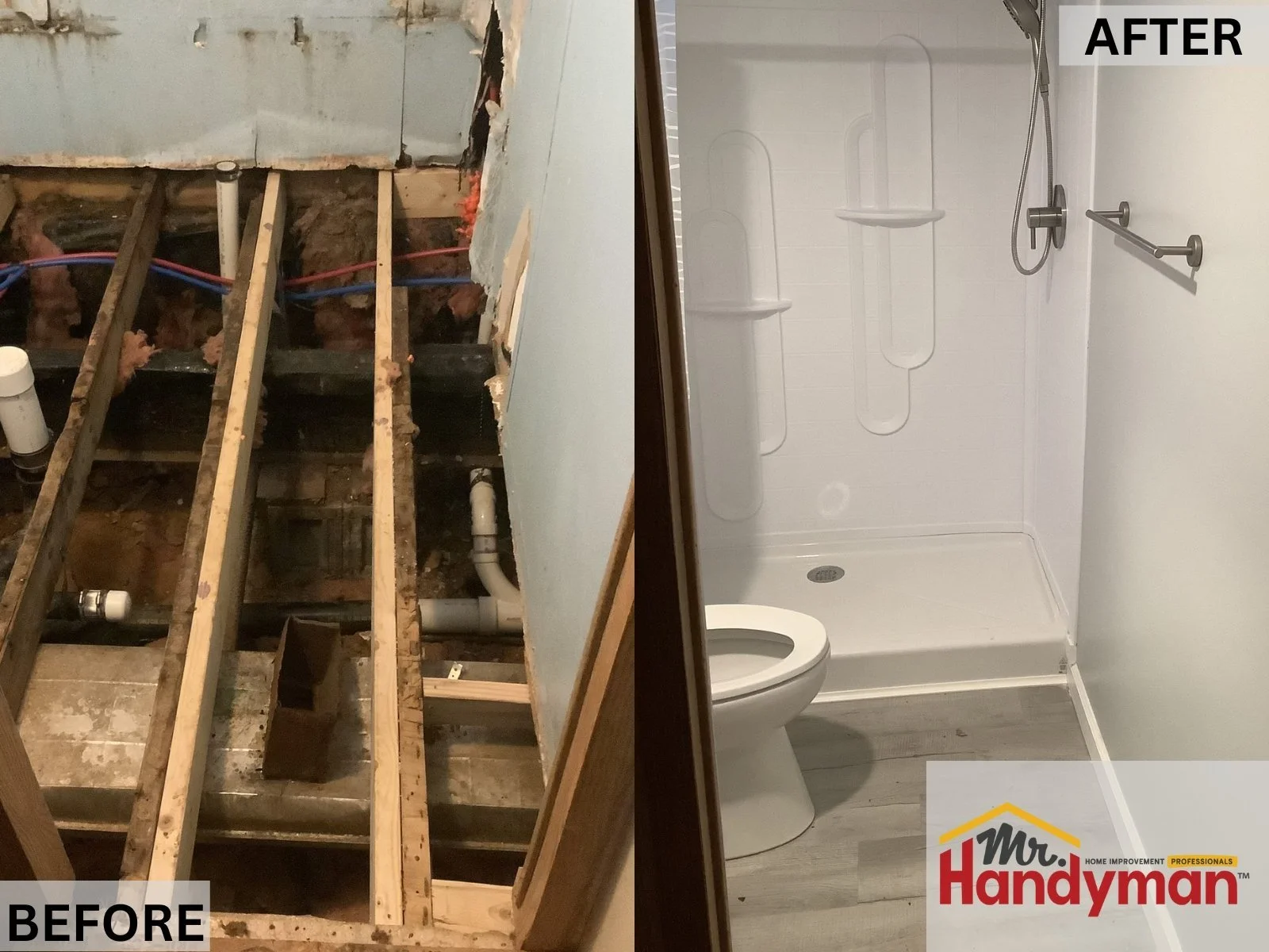 Full Bathroom Conversion – From exposed subfloor and plumbing to a finished bathroom with shower, toilet, and new waterproof flooring.