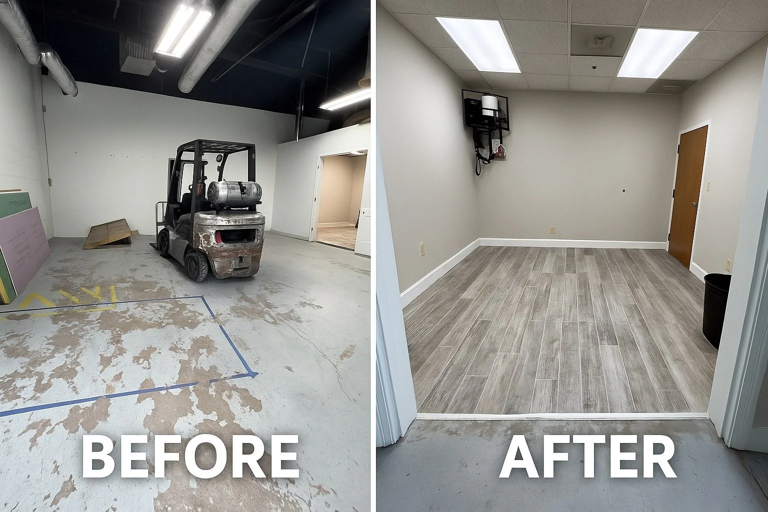 Commercial office space converted from warehouse area with new tile flooring and finished walls – Tampa renovation project