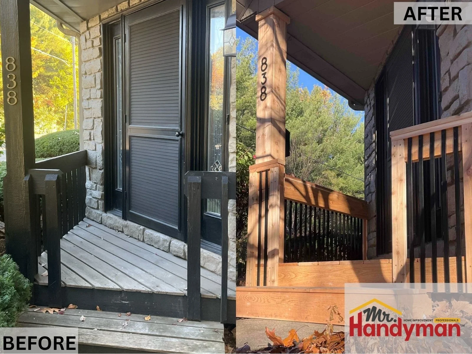 Front porch railings replaced with modern wood and iron – Clearwater entry update
