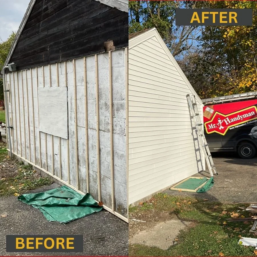 Shed with exposed block before siding repair – new siding installed after