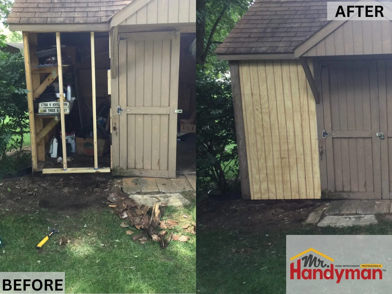 Before and after of a damaged shed wall repaired with new framing and exterior paneling by Mr. Handyman.