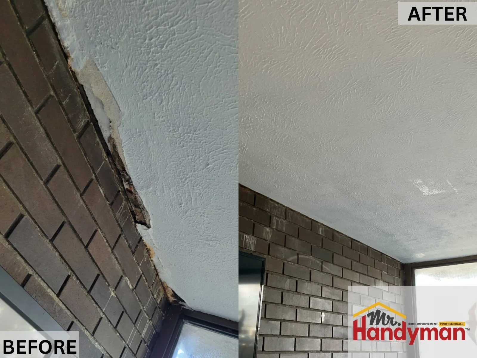 Before and after interior ceiling repair from water damage near brick wall – Tampa FL handyman project
