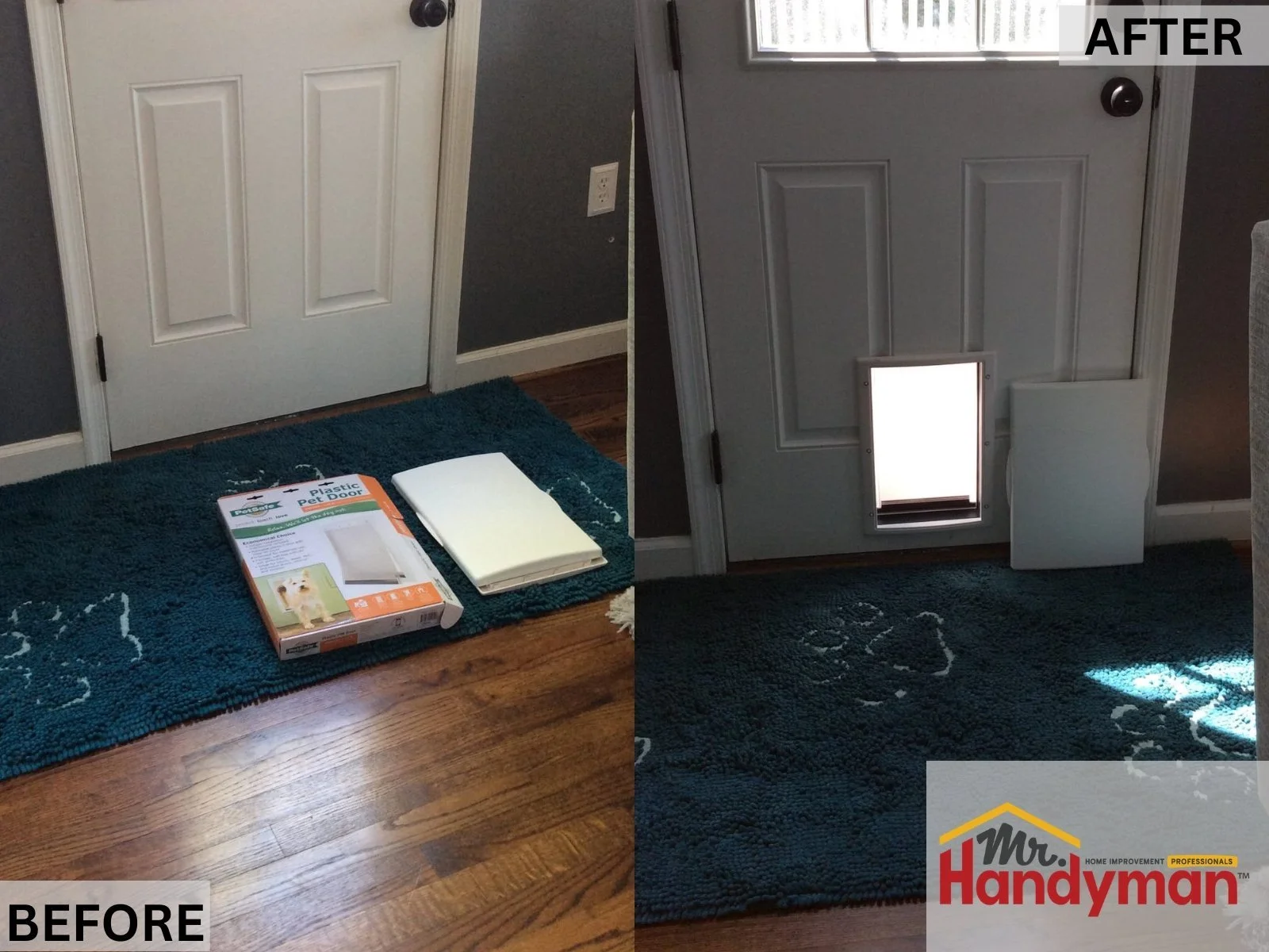 Side-by-side view of a pet door installation, showing an unmodified door next to the completed pet access installed neatly at the bottom.