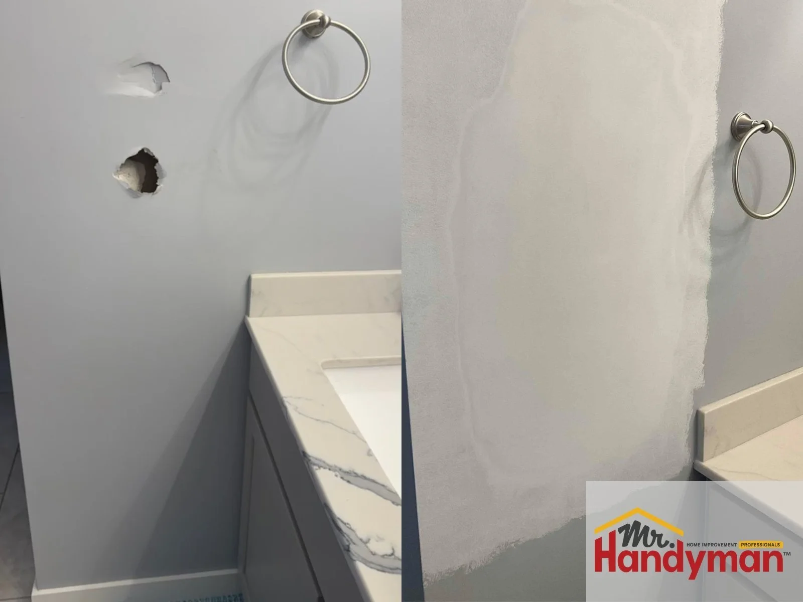 Drywall patching in progress on bathroom wall – handyman service