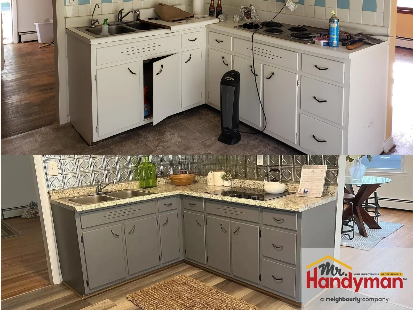Kitchen remodel with new gray cabinets and granite-look counters – Clearwater FL