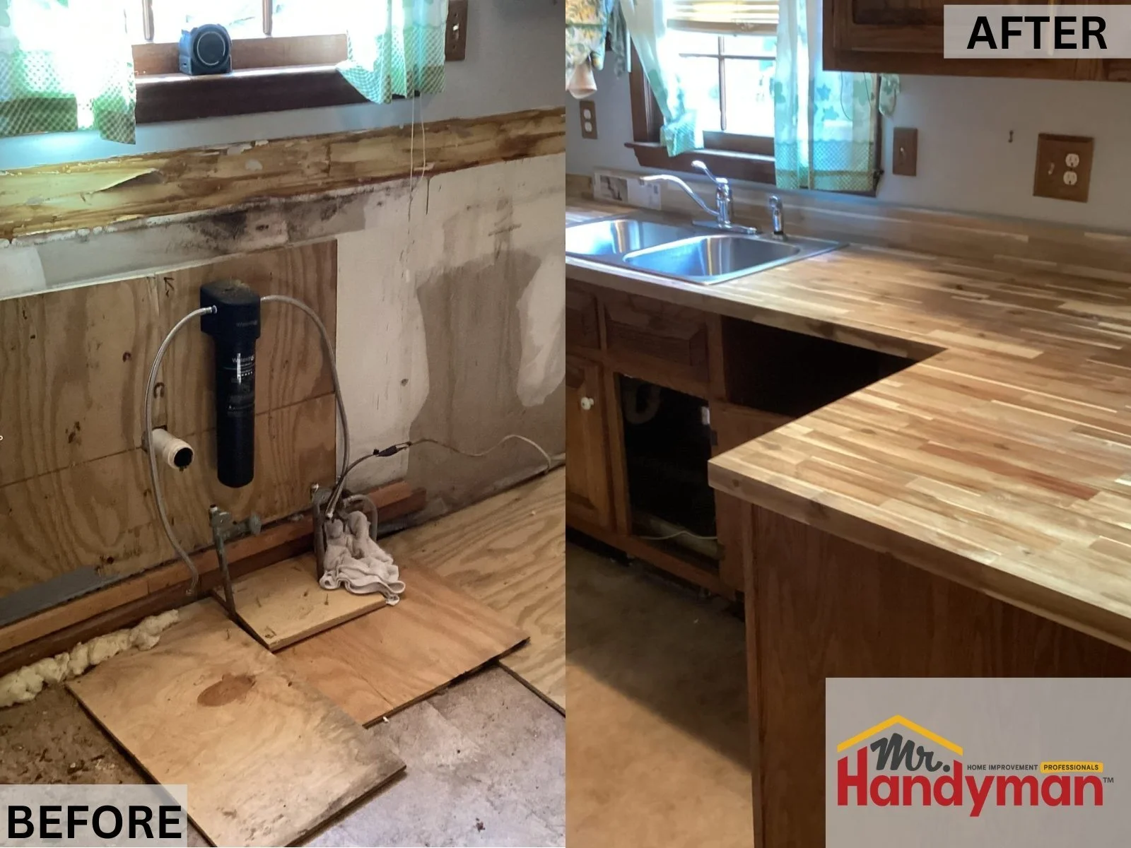 Before and after of kitchen countertop replacement, featuring wood butcher block counters and dual sink installation.