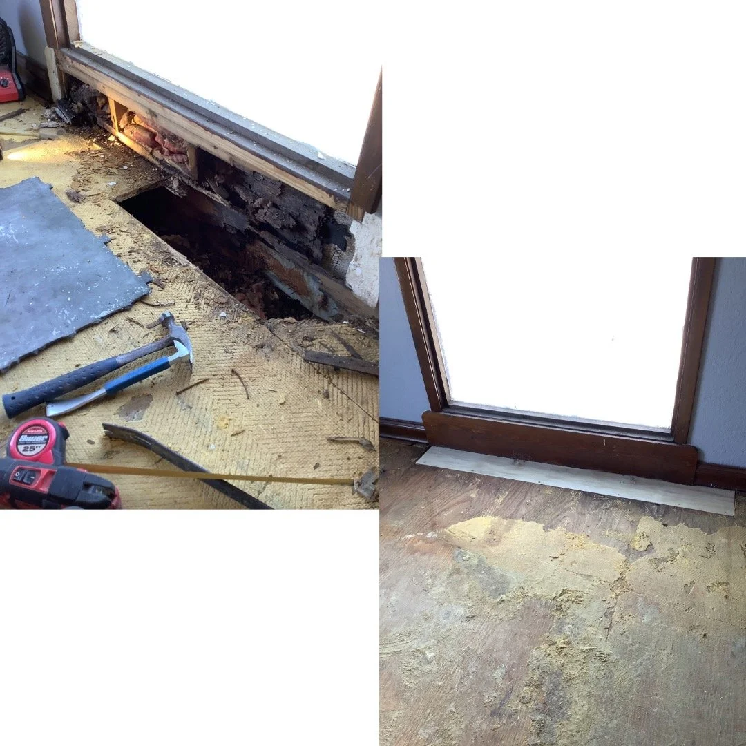 ore and after collage of door frame and subfloor repair in Tampa–Clearwater, showing damaged wood replaced and interior restored.
