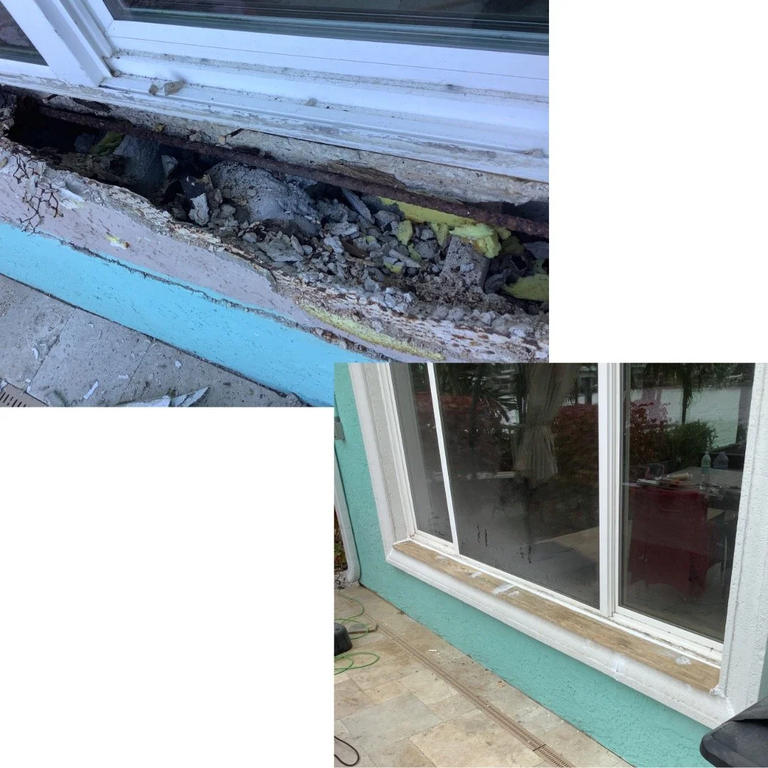 Before and after of a window sill repair by Mr. Handyman serving Tampa and Clearwater, showcasing concrete and wood damage restoration.