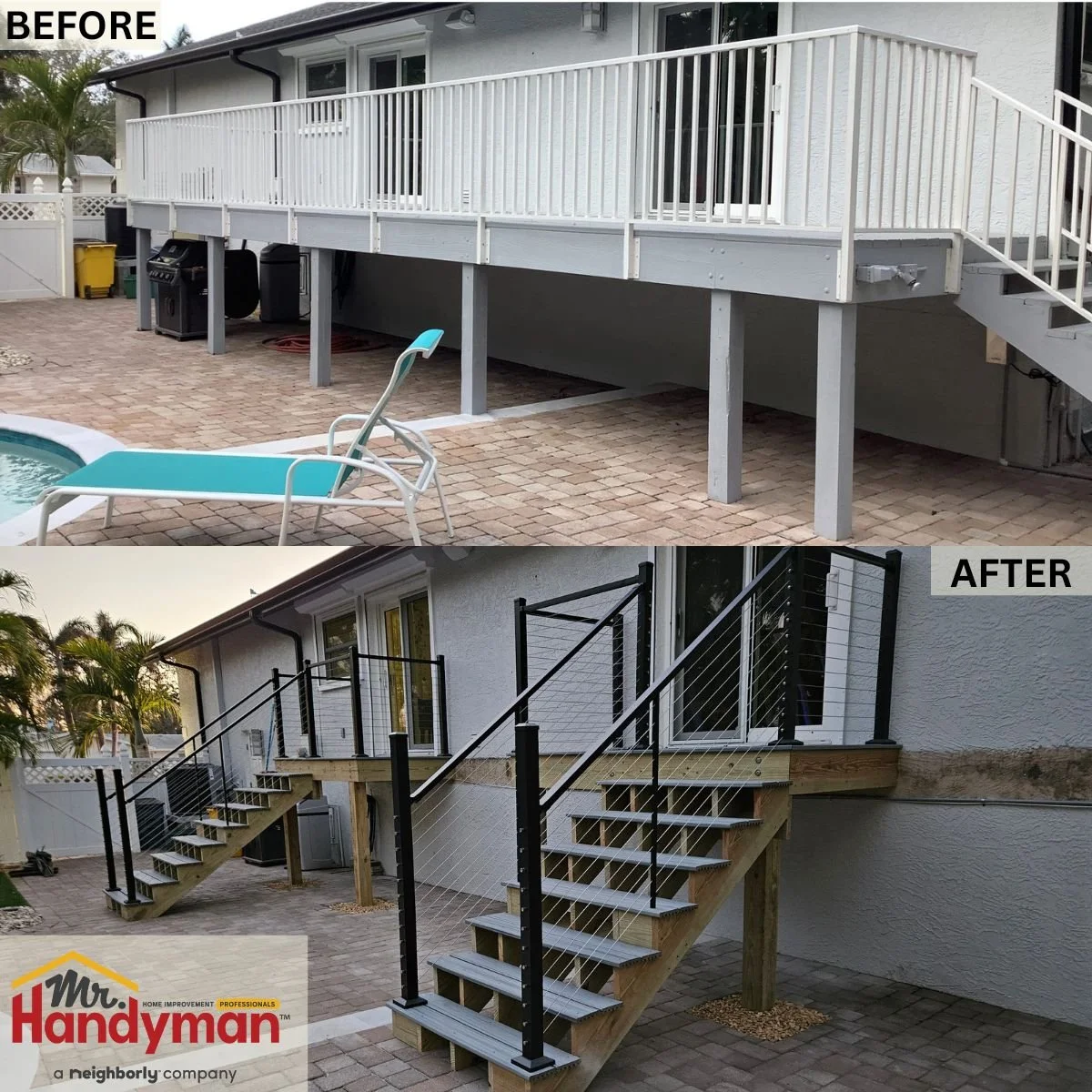 Before and after deck remodel with new modern cable railing and stairs by Mr. Handyman of Tampa and Clearwater