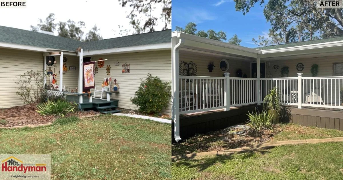 Before and after porch renovation with new white railings and updated design by Mr. Handyman of Tampa and Clearwater