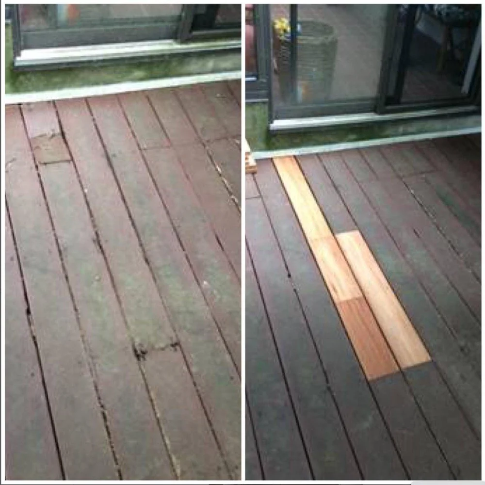 Before and after deck repair showing rotted wood boards replaced with new boards on a residential deck in Tampa and Clearwater.