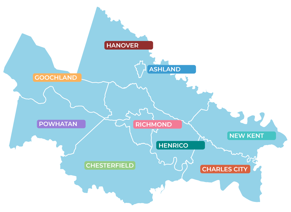 A map of Hampton Roads, Virginia, showing cities and their labels in different colors, including Hanover, Ashland, Goochland, Powhatan, Richmond, Henrico, New Kent, Charles City, and Chesterfield.