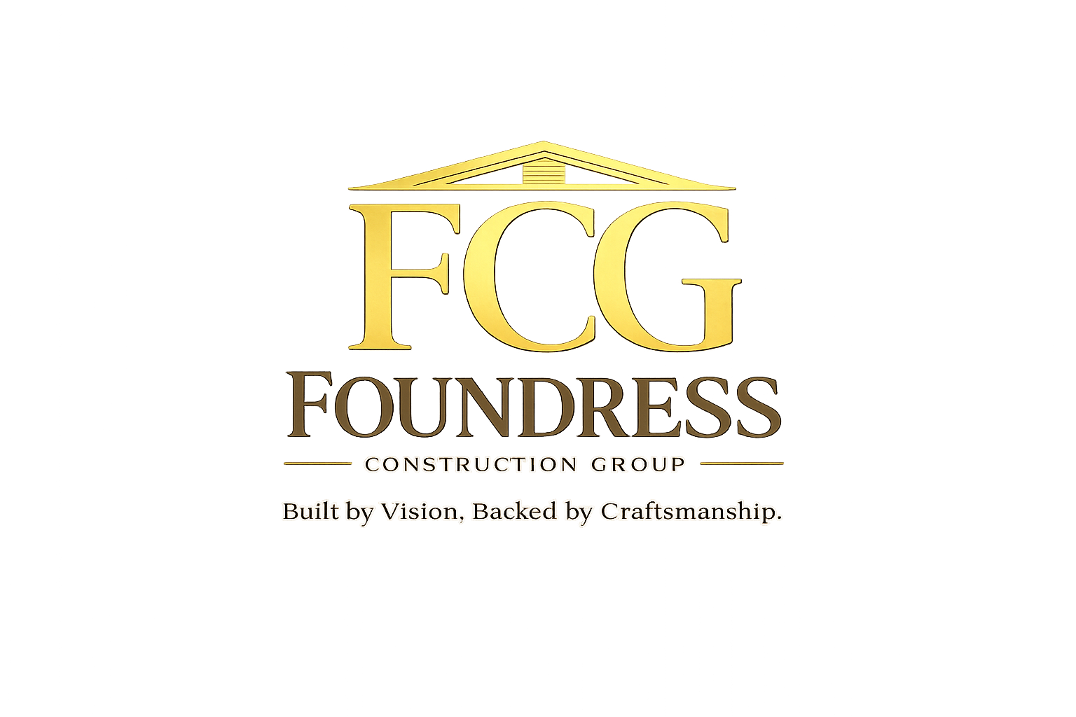 Logo for FCG (Foundress Construction Group) featuring a gold building outline with the company name and the tagline 'Built by Vision, Backed by Craftsmanship. Richmond VA central based home construction company, specializing in new homes, renovations
