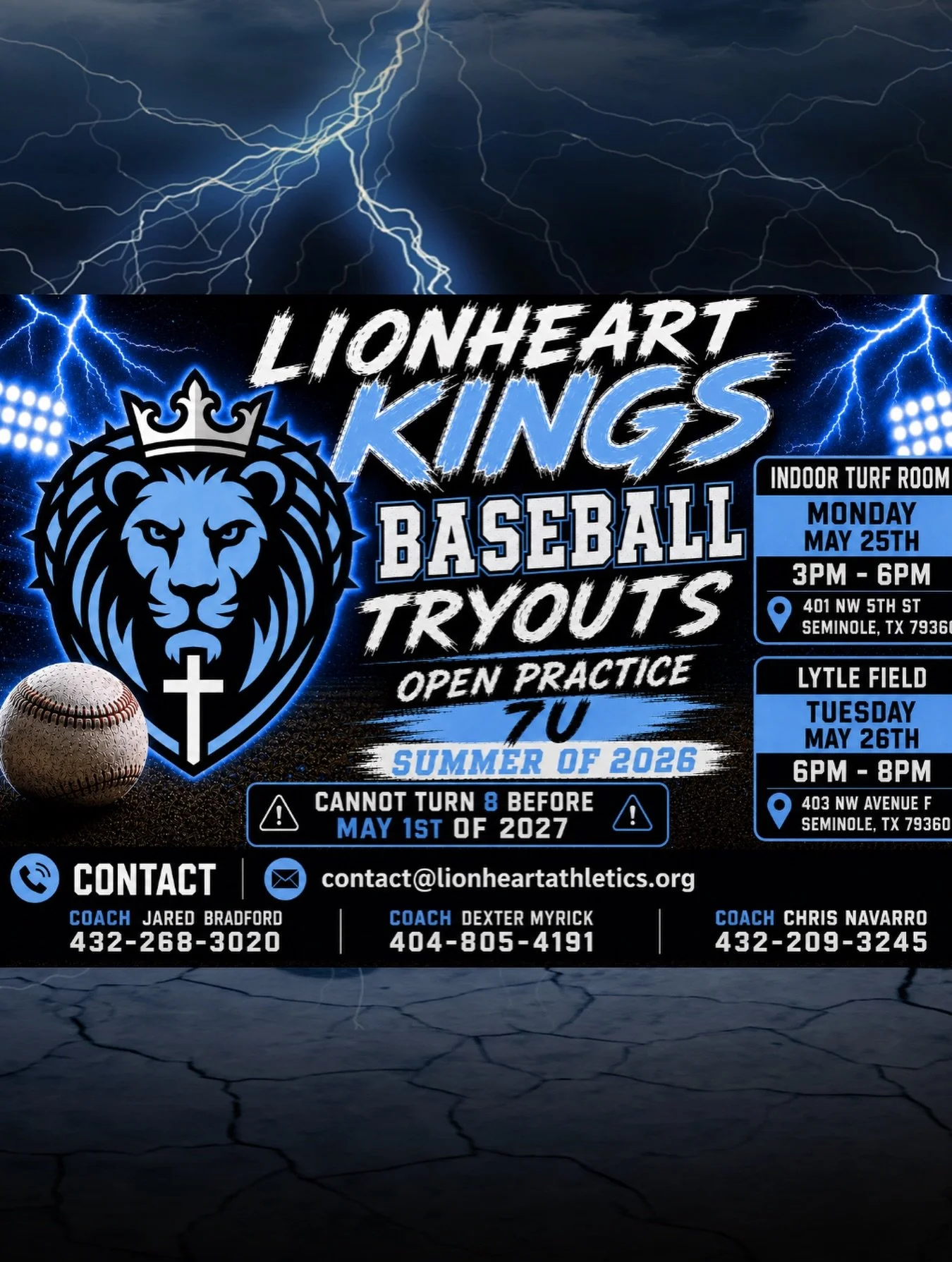 ⚾️🦁 LIONHEART KINGS BASEBALL TRYOUTS 🦁⚾️

Calling all future ball players! Come be part of the Lionheart Kings 7U team for Summer 2026! 💙🔥

📍 TRYOUT DATES:

⚾ Monday, May 25th
📍 Indoor Turf Room
401 NW 5th St, Seminole, TX 79360
🕒 3PM&ndash;6P