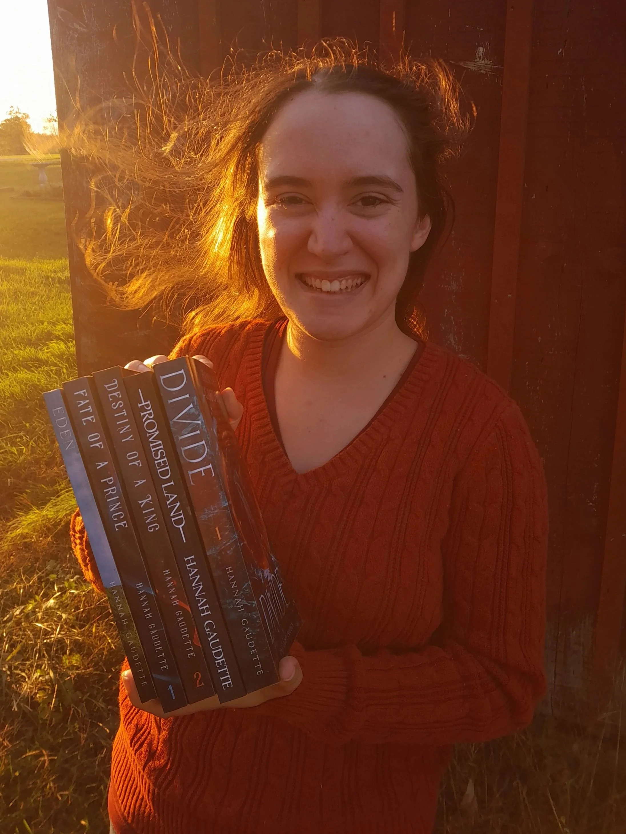 author holding her books