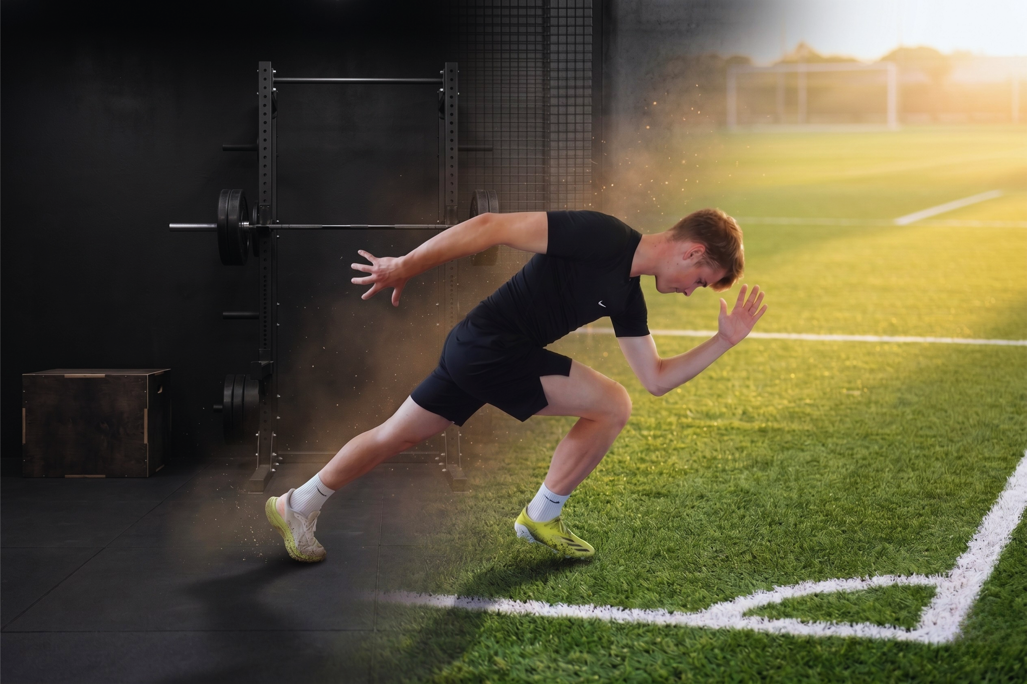 A young man in black athletic clothing and yellow shoes practicing sprinting drills on a grassy field with a soccer goal in the background.