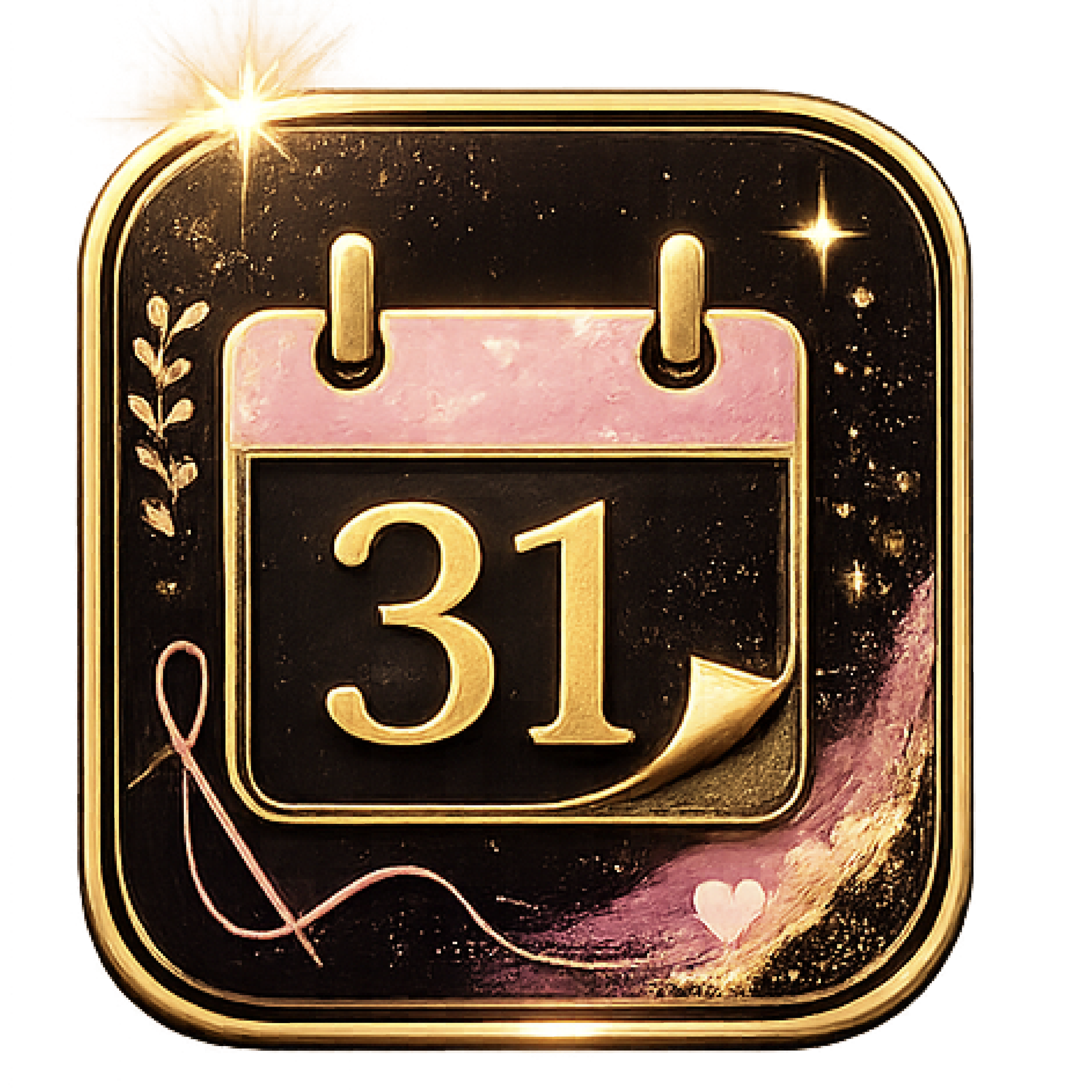 Close-up of a shiny gold and black number 31 sign with decorative pink hearts and pink floral elements on a starry, glittery background.