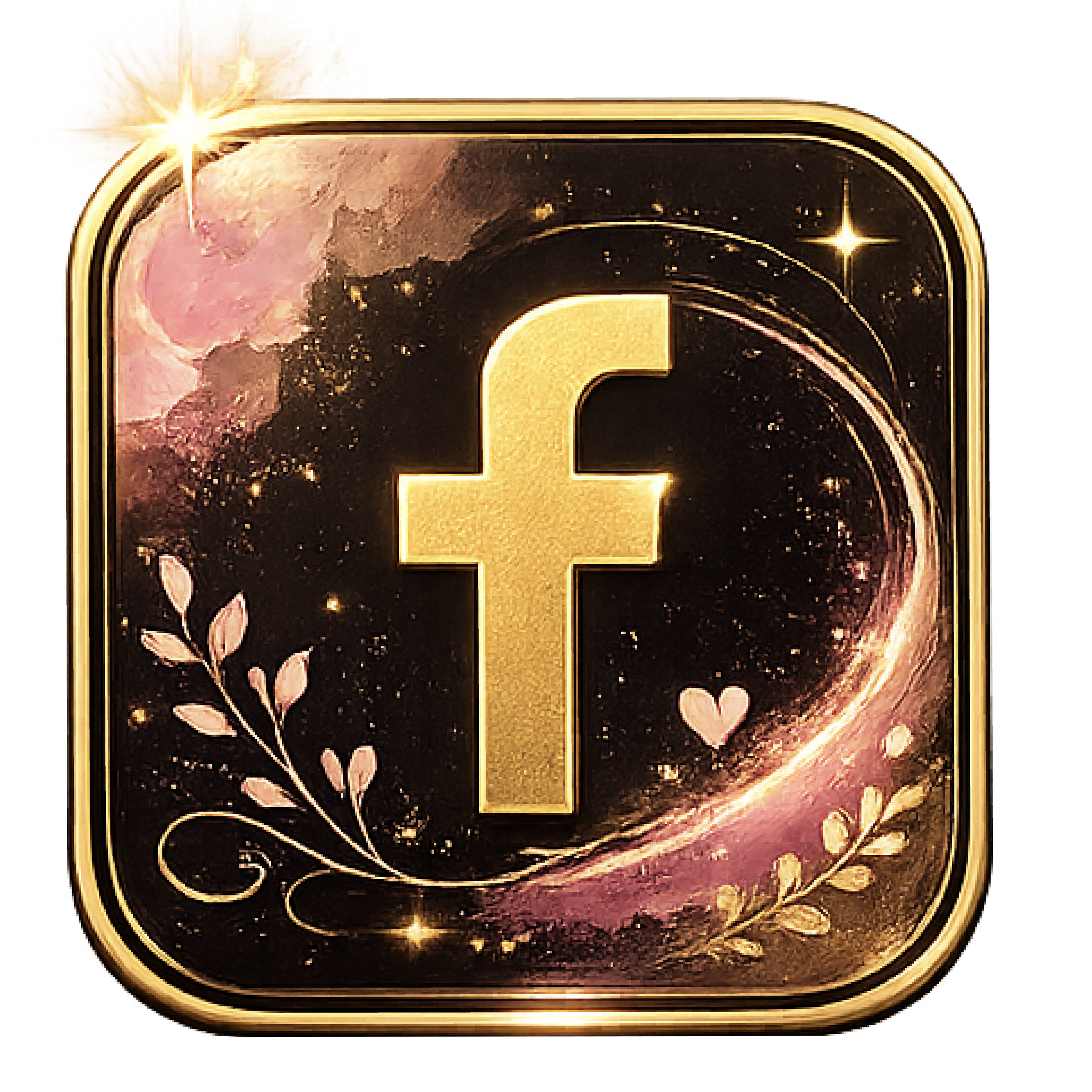 Close-up view of a shiny, gold-colored icon with stylized black and pink artwork inside, possibly depicting a cosmic or space scene, on a black background.
