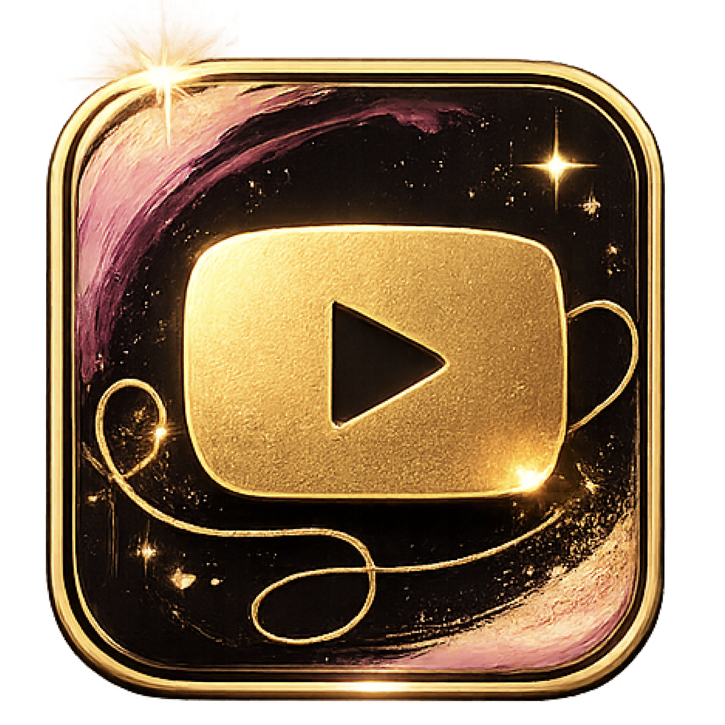 Close-up of a gold and black logo with swirling design elements and sparkles.