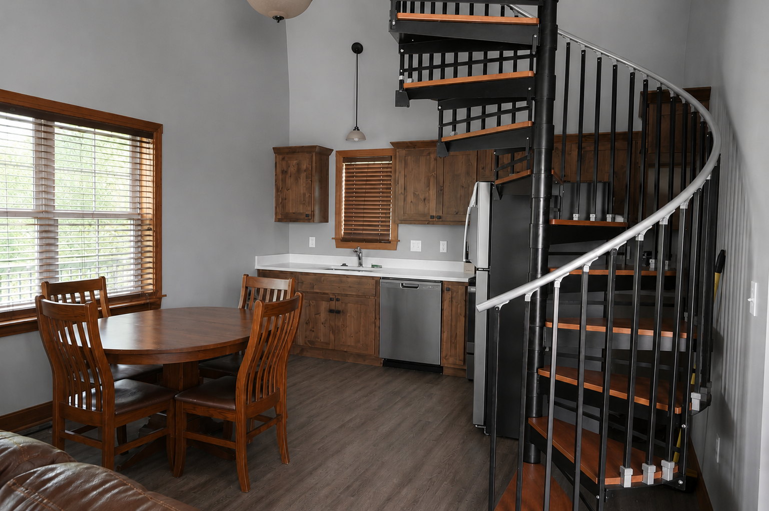 Kitchen and loft area in One Bedroom Cabin Loft