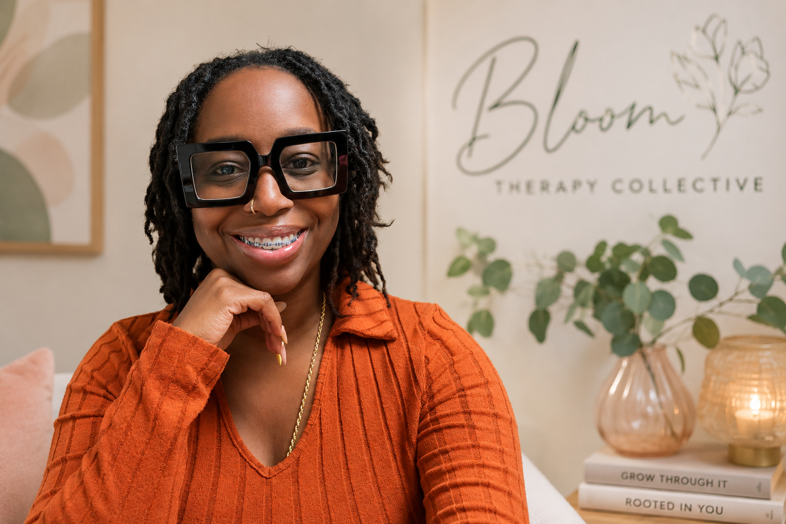 A smiling woman with glasses, braces, and a nose ring, wearing an orange top, sitting in a cozy, stylish room with a leafy plant, a candle, and books on shelves. Behind her, there is a sign that says 'Bloom Therapy Collective'.