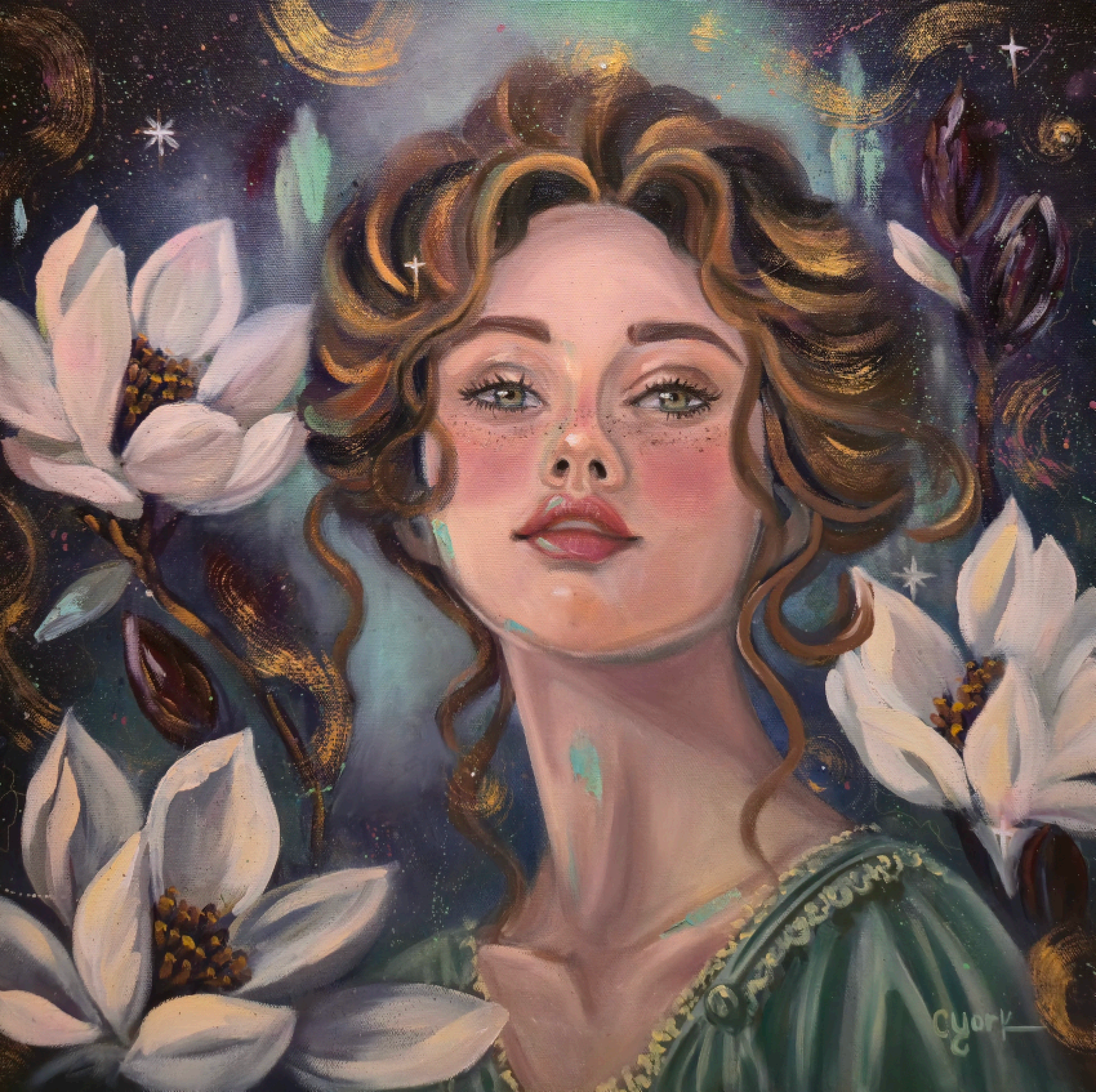 Painting of a woman's face with detailed eyes, surrounded by large white flowers, set against a dark, starry sky with gold accents and swirls.