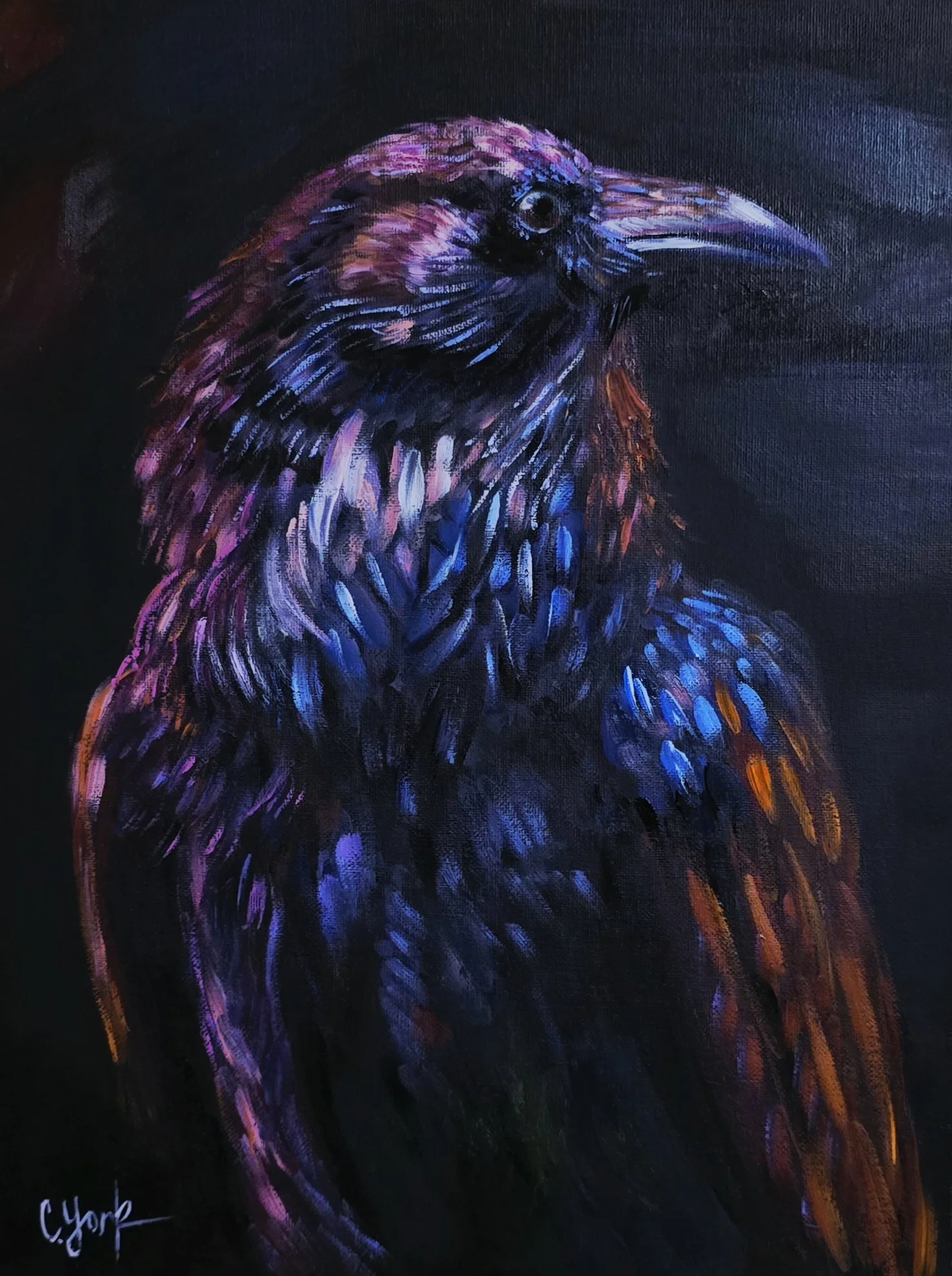 A colorful painting of a raven with purple, blue, orange, and pink highlights against a dark background.