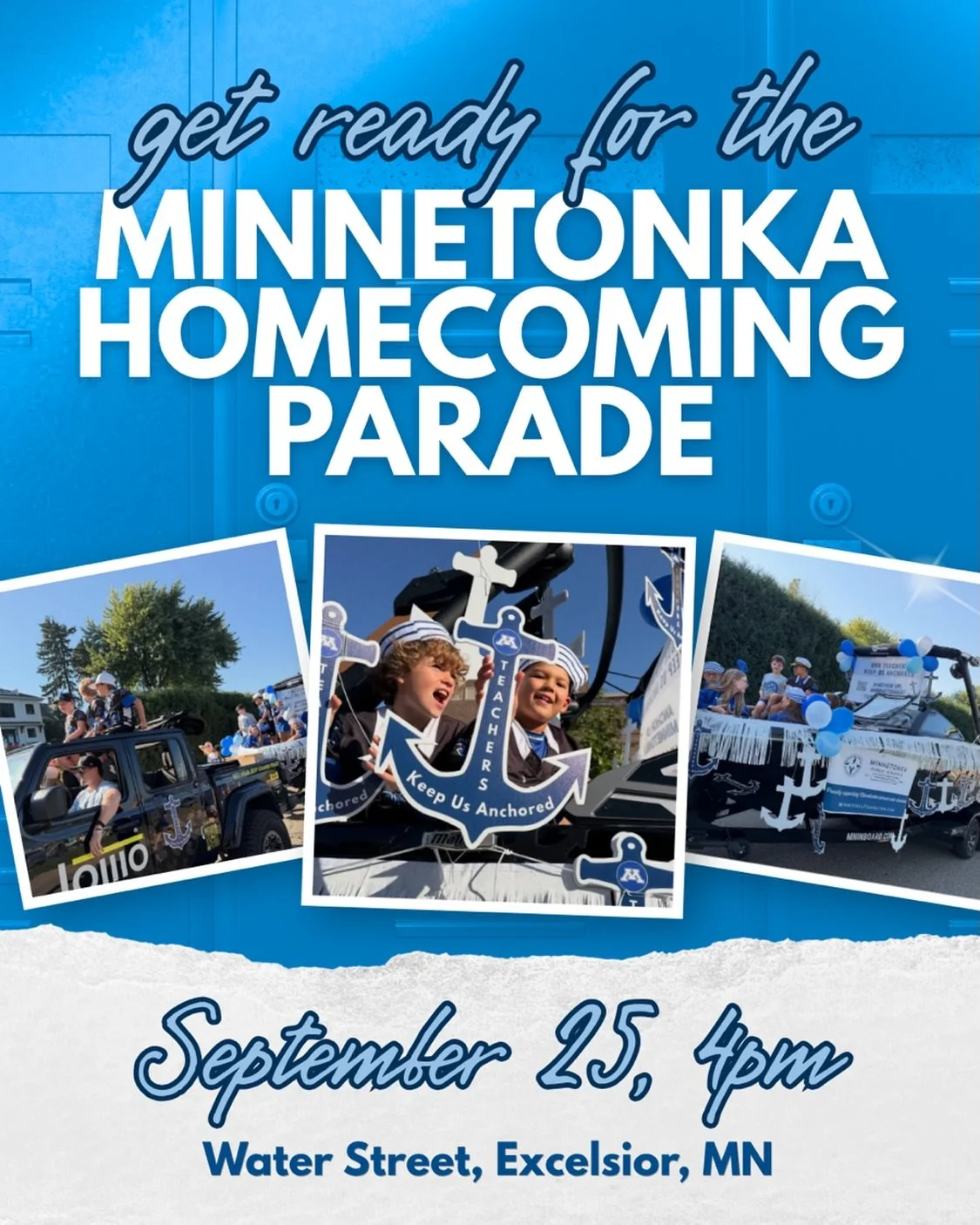 We&rsquo;re taking Homecoming to the water!
 
The Minnetonka Public Schools Foundation is hitting the streets &mdash; well, the parade route &mdash; for the Minnetonka Homecoming Parade!
 
Join us Thursday, September 25 at 4:00 PM on Water Street in 