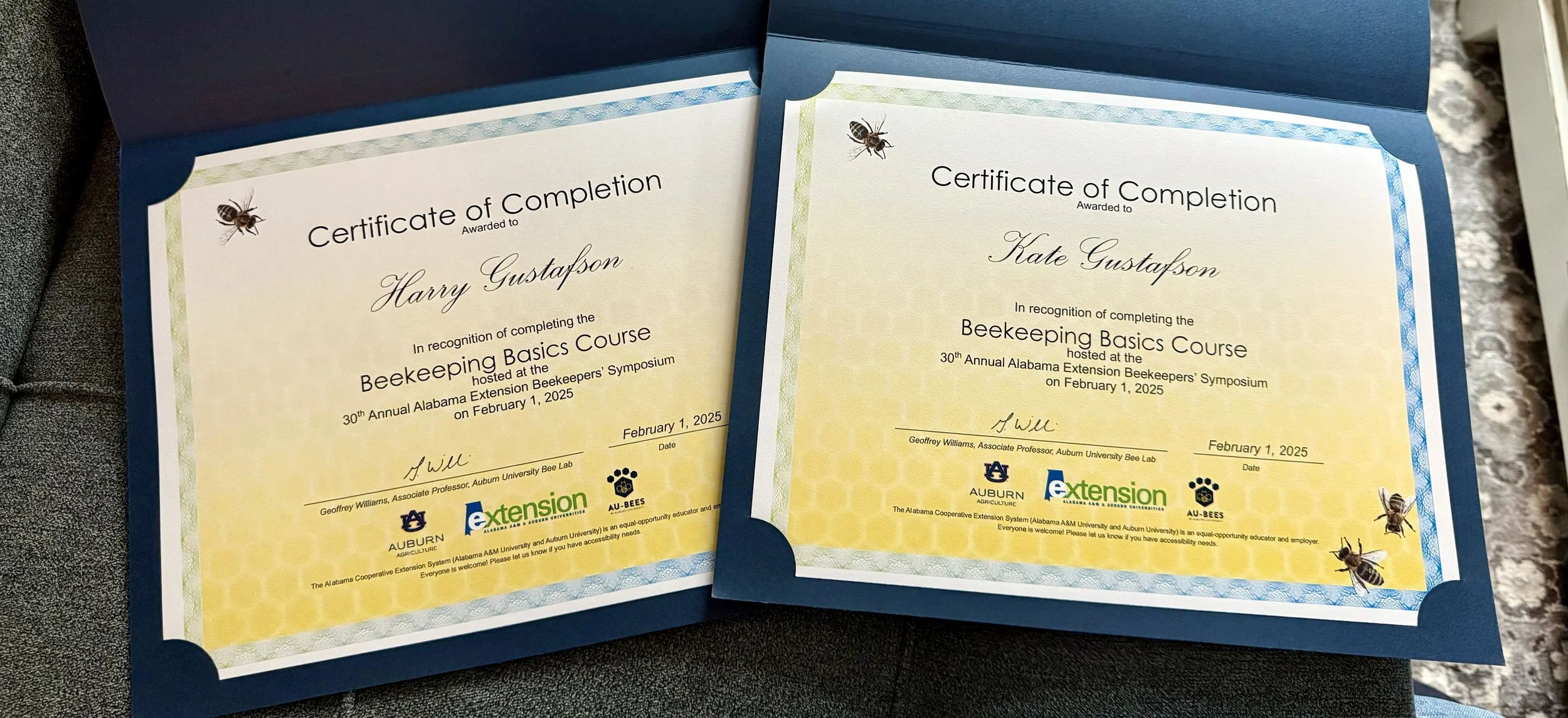 Harry and Kate's Beekeeping Basics Course certificates of completion.