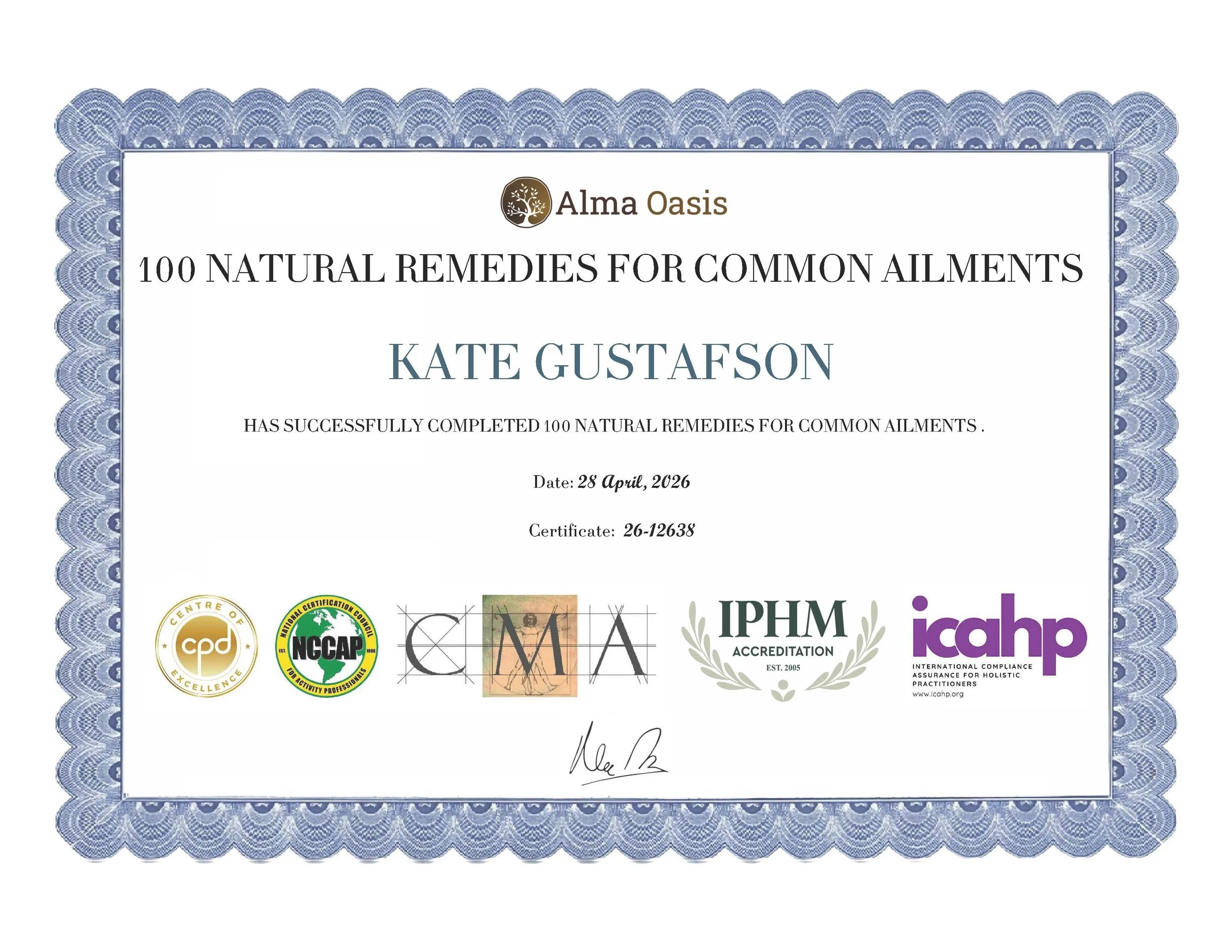 Alma Oasis certificate for 100 Natural Remedies for Common Ailments, awarded to Kate Gustafson.