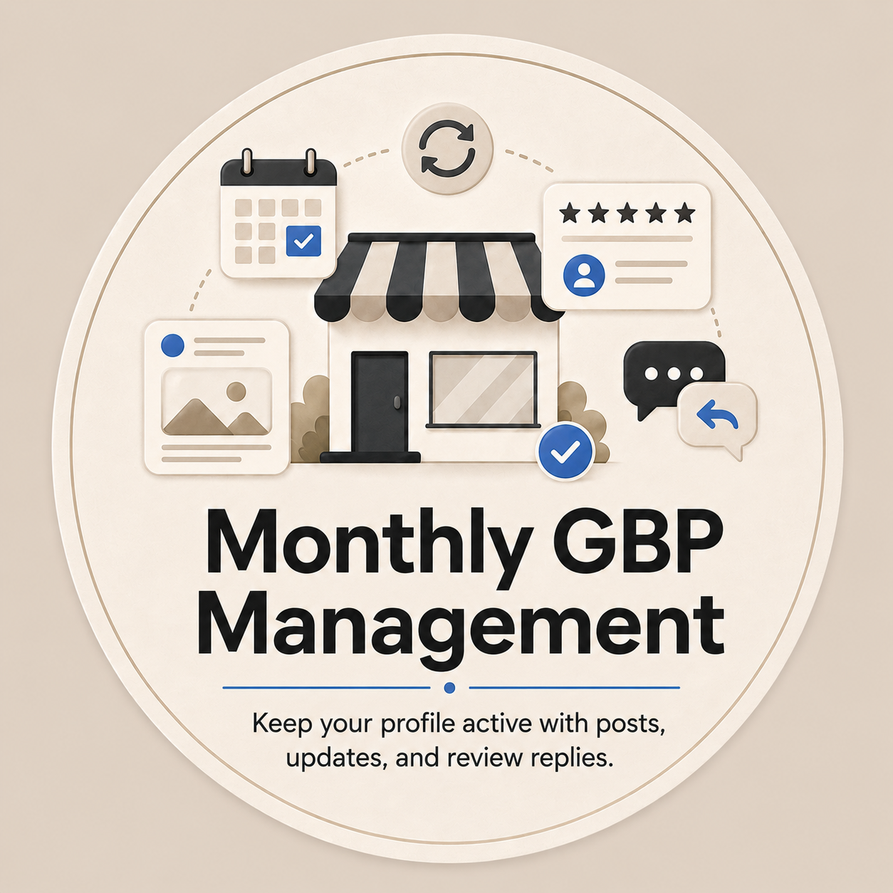 Graphic illustration promoting monthly GBP management with icons of a store, calendar, review, image, chat, and refresh, and text about keeping profiles active with posts, updates, and reviews.