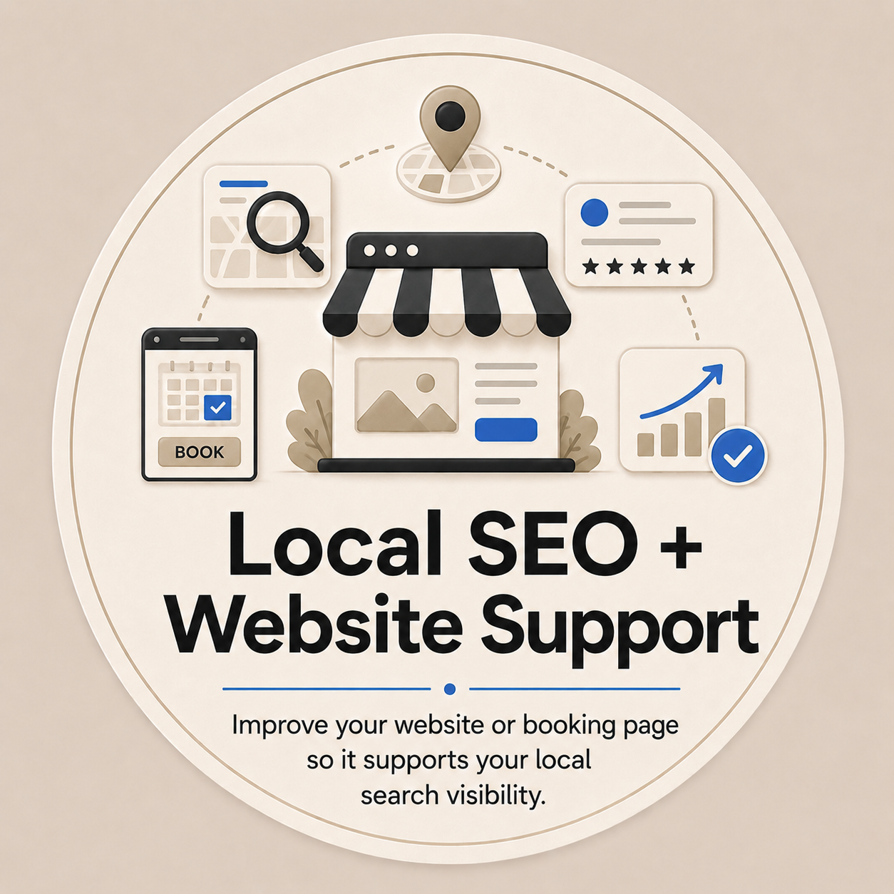 Circular graphic promoting local SEO and website support with icons of a store, search, calendar, map pin, and growth chart.