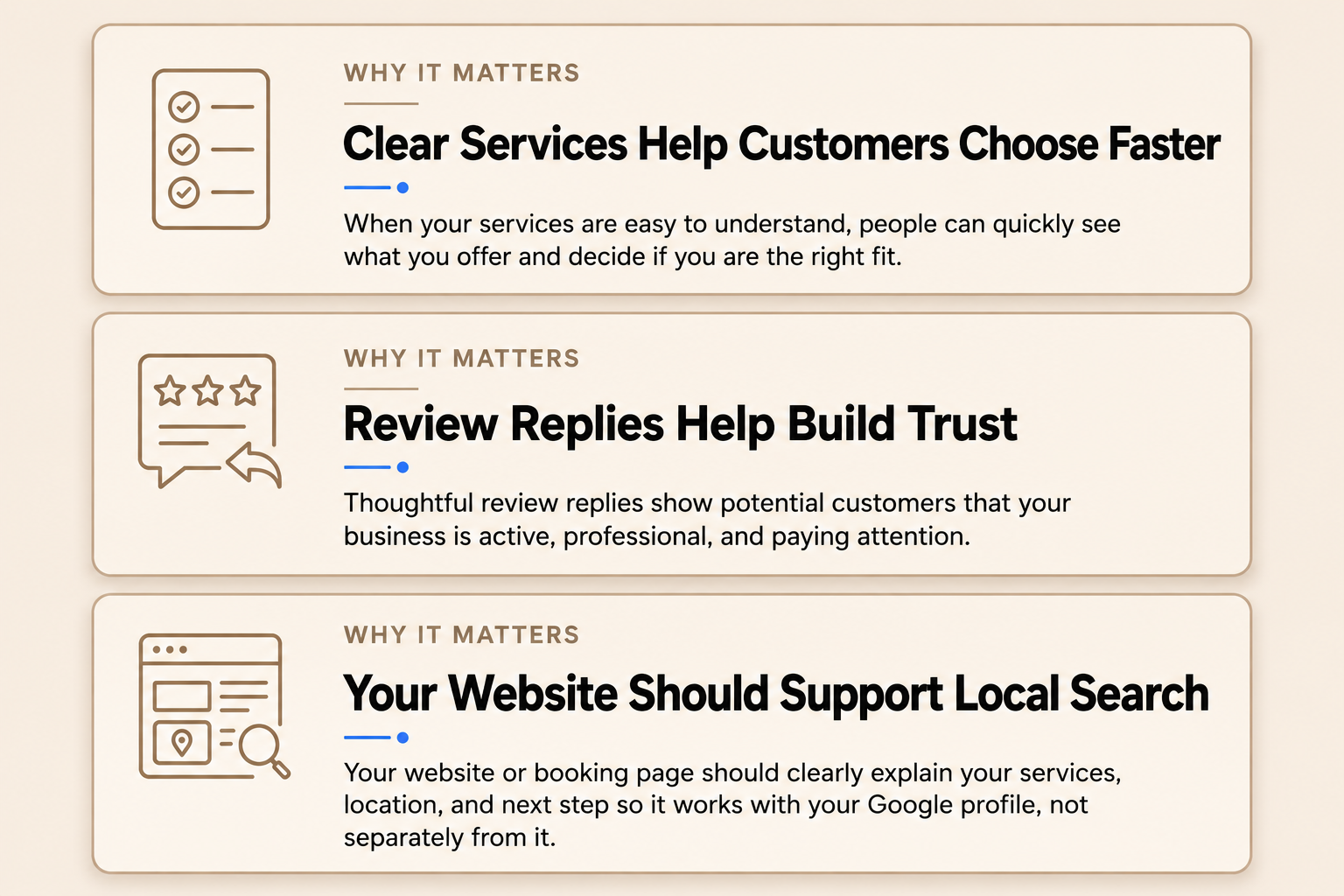 An infographic with three sections discussing the importance of clear services, review replies, and local search for a website. Each section has an icon, heading, and explanatory text.