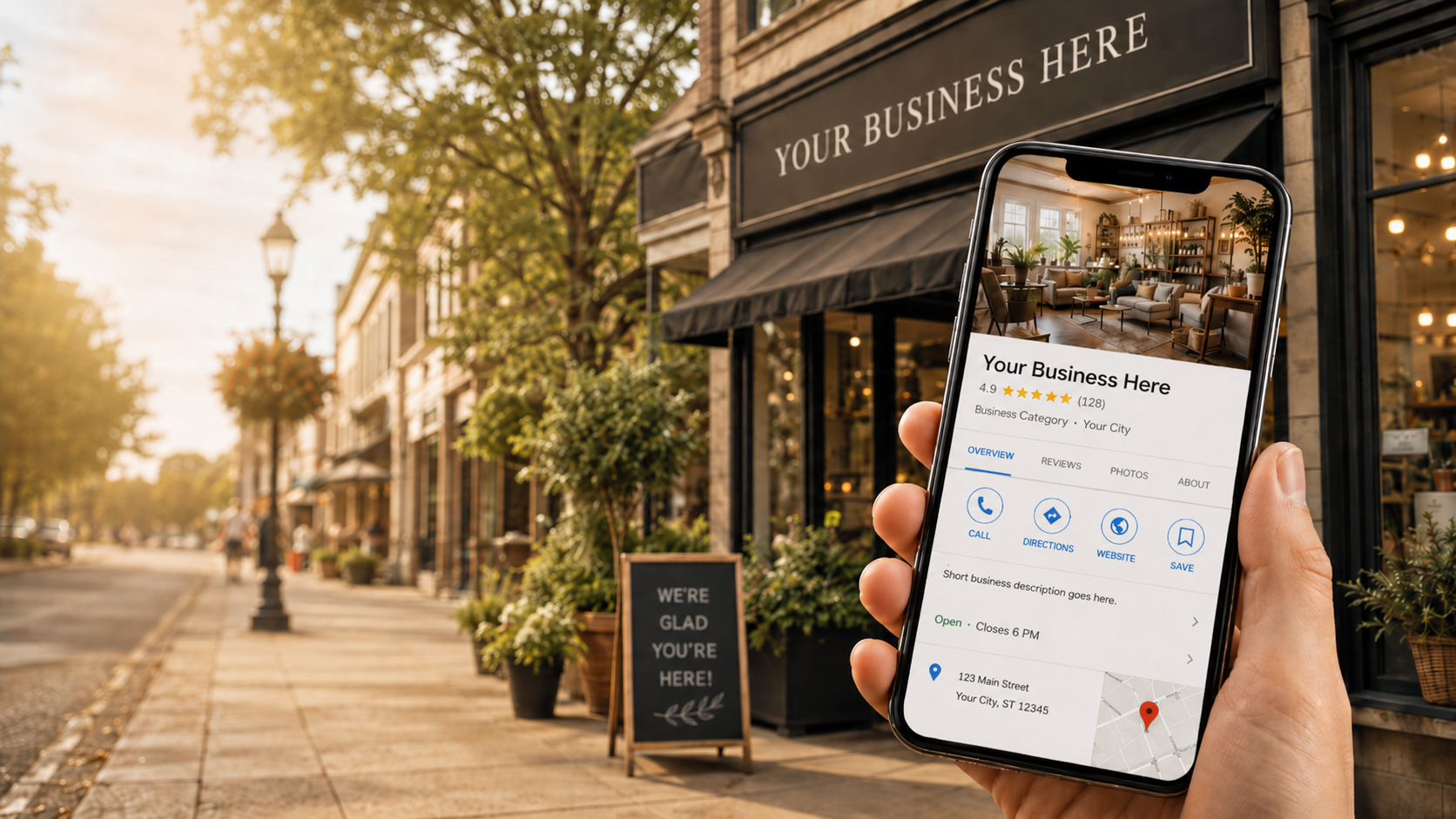 Person holding a smartphone with a business listing open, shows a cozy interior, rating 4.9 stars from 128 reviews, located at 123 Main Street in Your City, with options for call, directions, website, and save. The shop has a black sign outside that says 'We're glad you're here' and is on a quaint street with trees, lamps, and other storefronts.