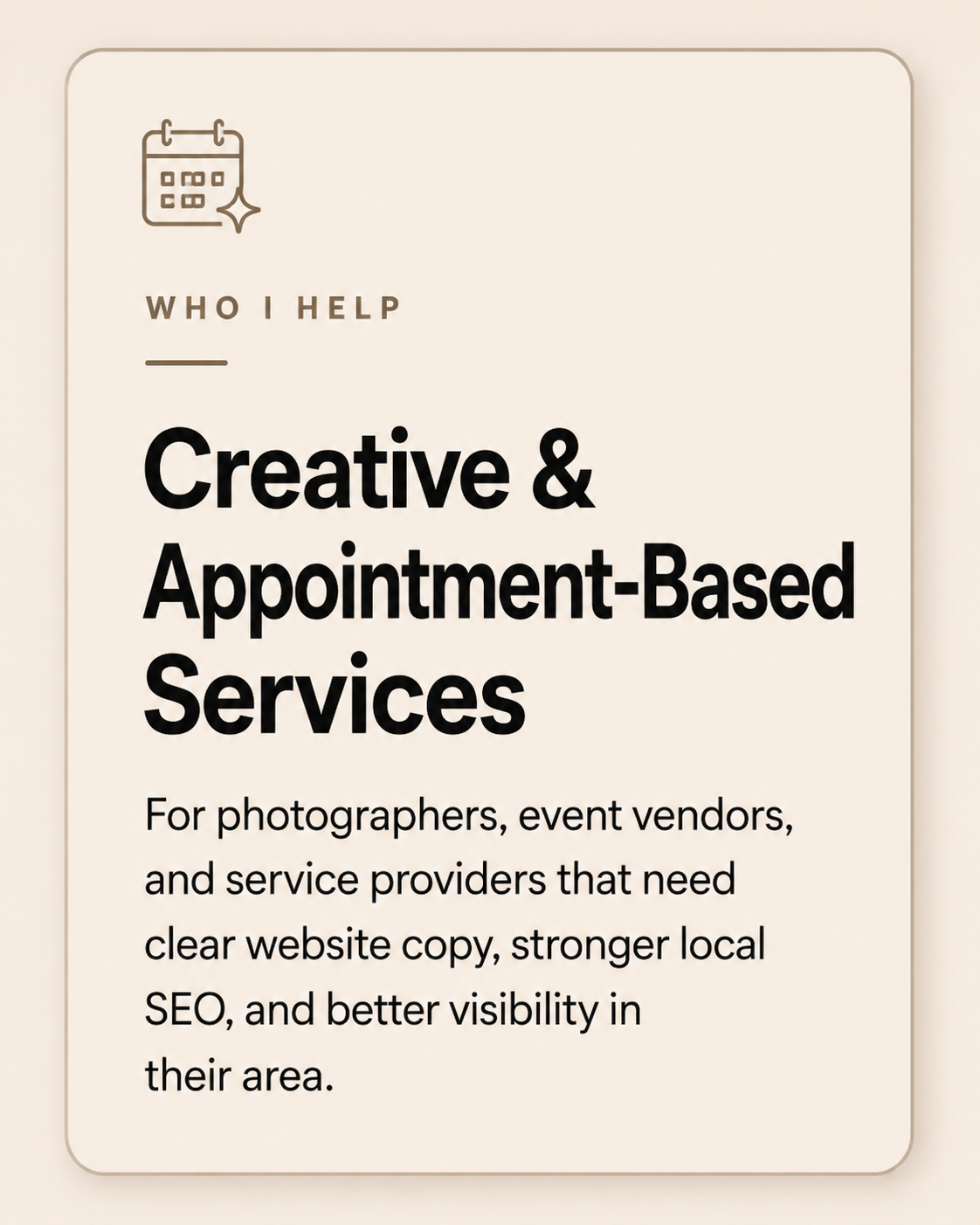 Information about creative and appointment-based services for photographers, event vendors, and service providers to improve website copy, local SEO, and visibility.