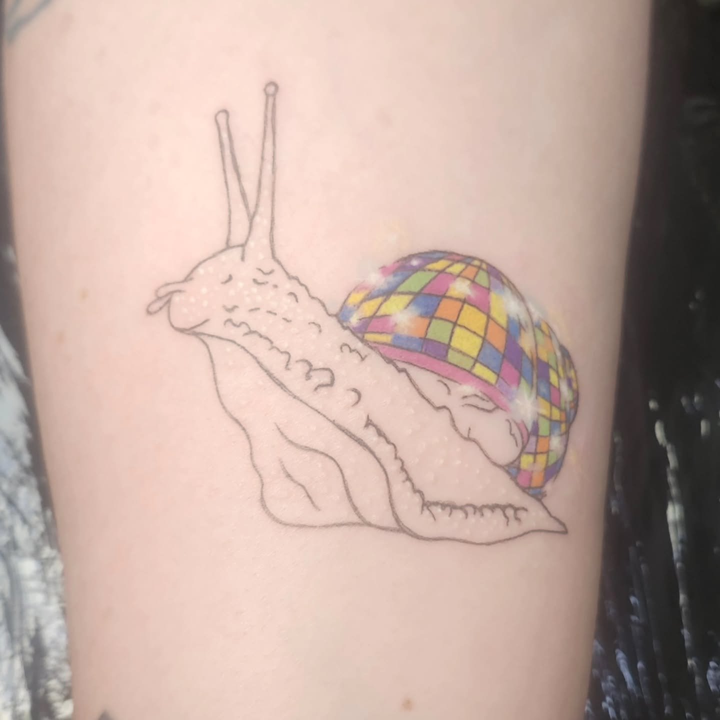 Starting the second sit on this fabulous disco snail today. Keep your eyes peeled for the glittery glow up!

#discosnail #yyctattoo