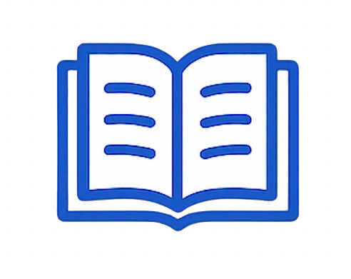Icon of an open book with blue outline and lines representing text.