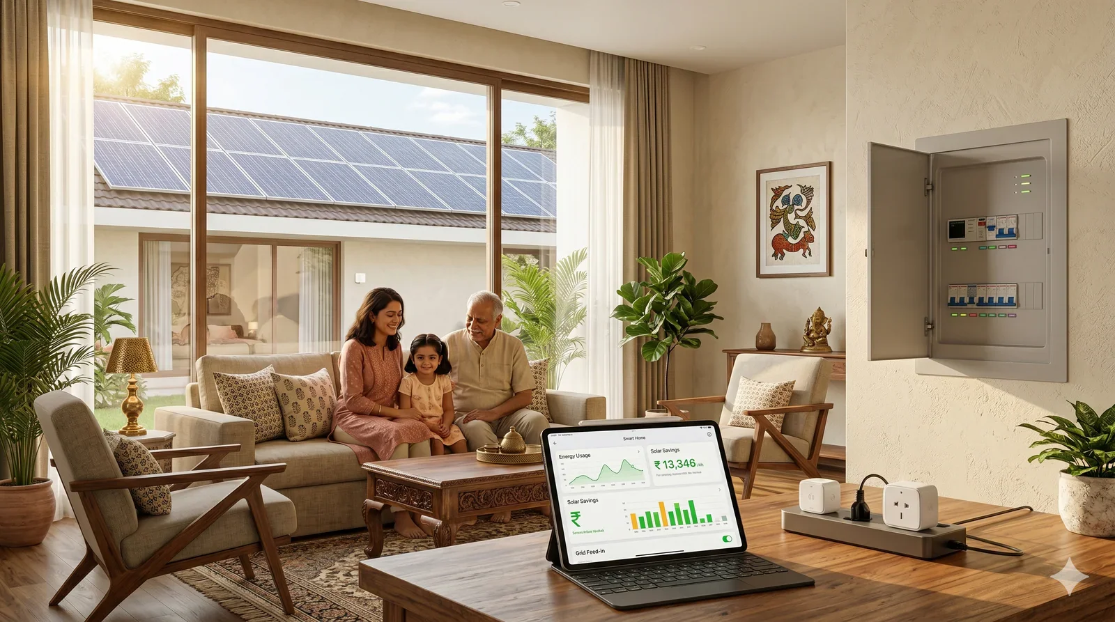 A family of three sitting on a beige sofa in a living room with large glass windows, solar panels on the roof visible outside, and a smart home energy dashboard on a tablet on a wooden table in the foreground.