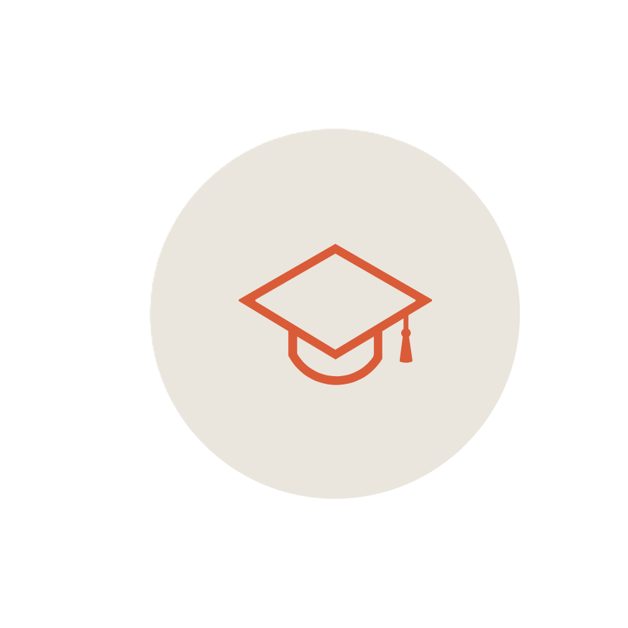 Outline of a graduation cap inside a beige circle on a black background.