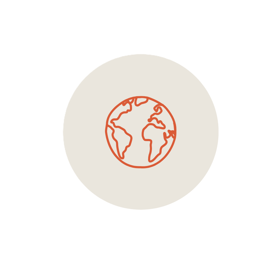 Icon of the Earth with continents visible, in an orange color on a circular white background.