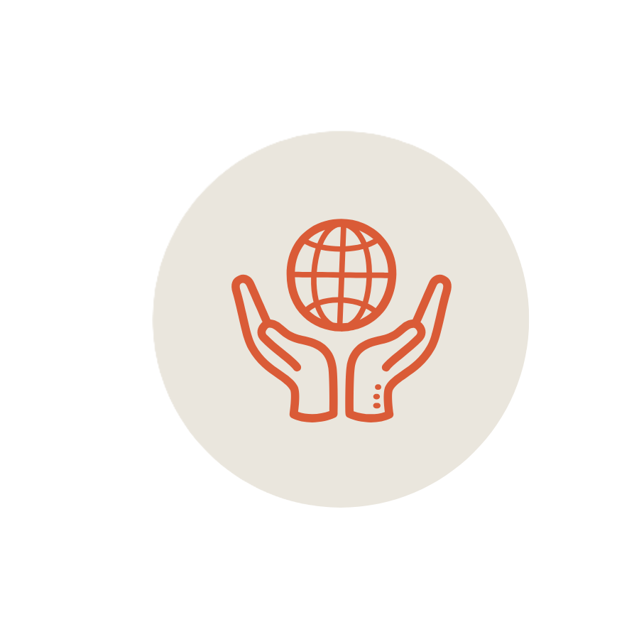 Outline of hands holding a globe inside a circle, symbolizing global help or support