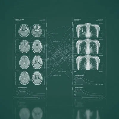 Medical imaging chart showing brain and chest scans with connections and graphs.